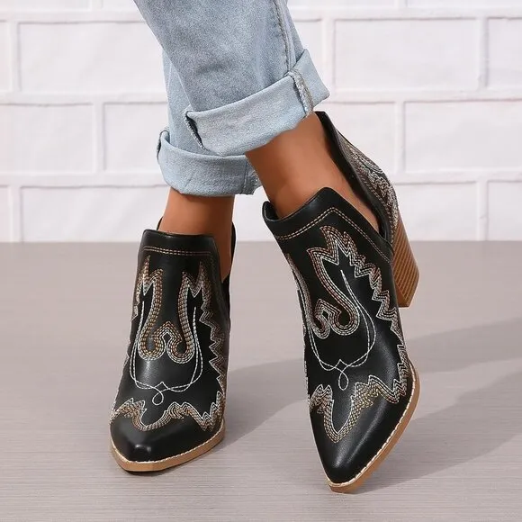 ✨Women Black Cowboy Boots Ankle Western Embroidered Stitched Toe Chunky Heels