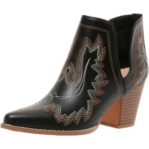 ✨Women Black Cowboy Boots Ankle Western Embroidered Stitched Toe Chunky Heels