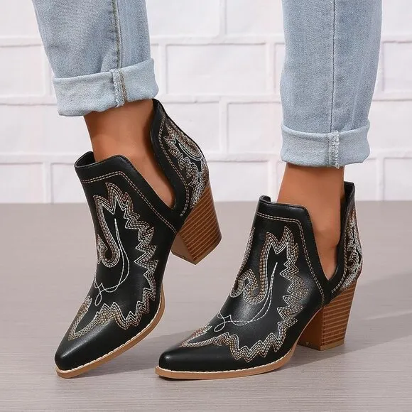 ✨Women Black Cowboy Boots Ankle Western Embroidered Stitched Toe Chunky Heels