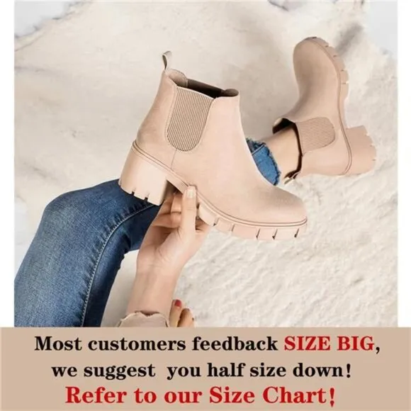 Women's Chelsea Boots -‎ Comfortable Lug Sole Slip-On Ankle Booties, Nude