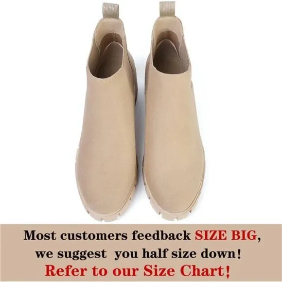 Women's Chelsea Boots - Comfortable Lug Sole Slip-On Ankle‎ Booties, Nude