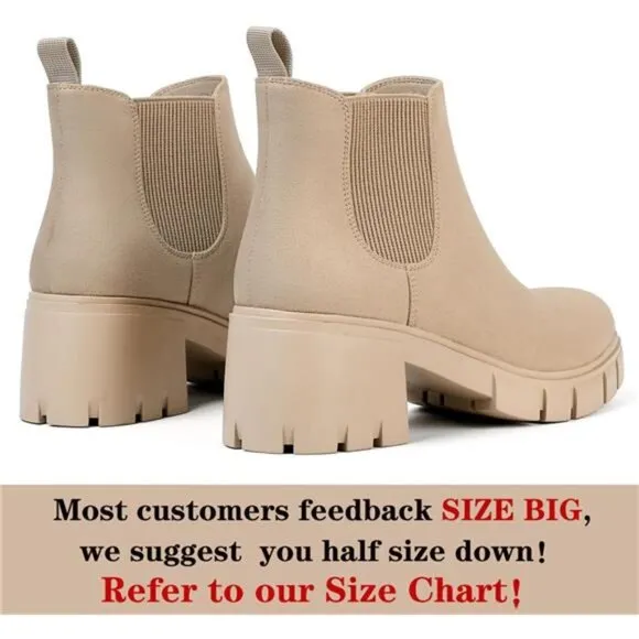 Women's Chelsea Boots -‎ Comfortable Lug Sole Slip-On Ankle Booties, Nude