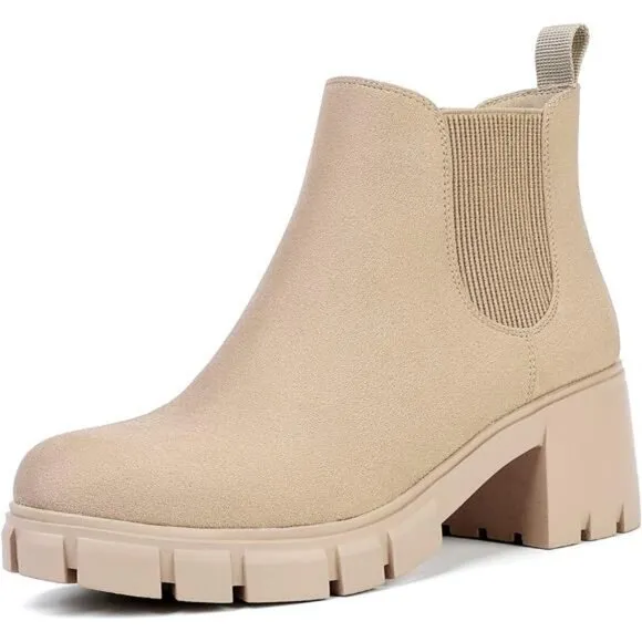 Women's Chelsea Boots -‎ Comfortable Lug Sole Slip-On Ankle Booties, Nude