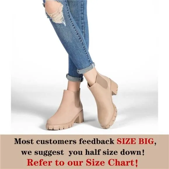 Women's Chelsea Boots -‎ Comfortable Lug Sole Slip-On Ankle Booties, Nude