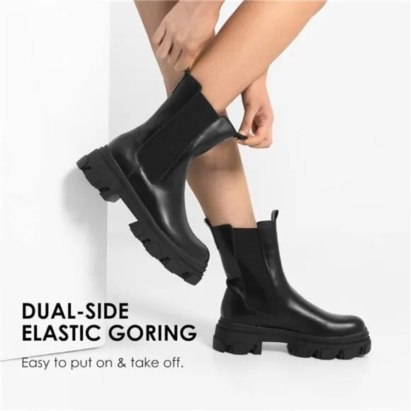 Women's Platform Chelsea Boots Lug Sole Combat Mid Calf Slip On Ankle Booties