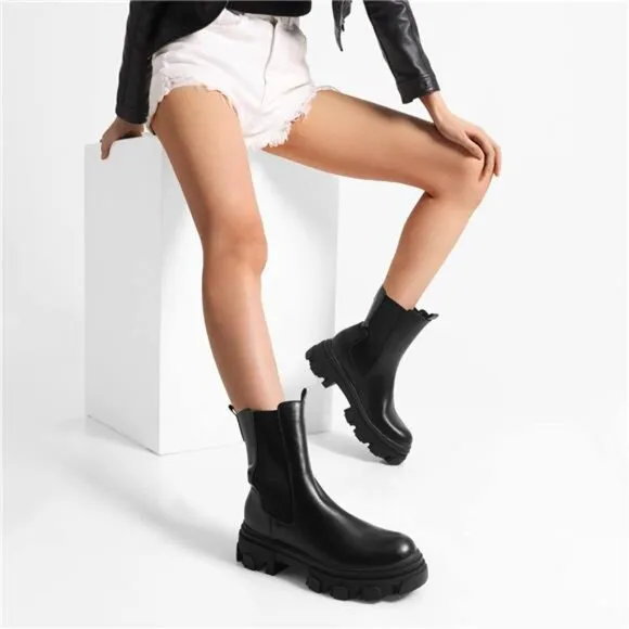 Women's Platform Chelsea Boots Lug Sole Combat Mid Calf Slip On Ankle Booties