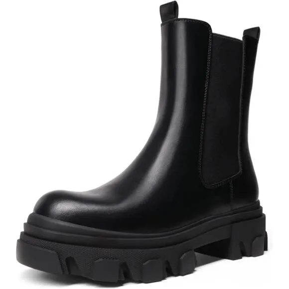 Women's Platform Chelsea Boots Lug Sole Combat Mid Calf Slip On Ankle Booties