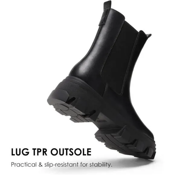 Women's Platform Chelsea Boots Lug Sole Combat Mid Calf Slip On Ankle Booties