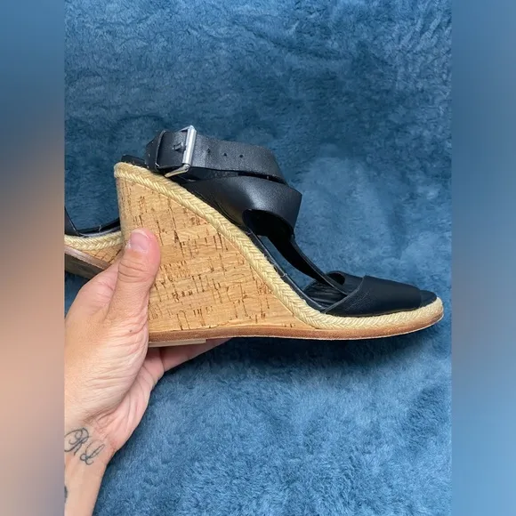Women’s Sigerson Morrison Valina Black Leather Cork Wedge Sandal Size 10 EUC