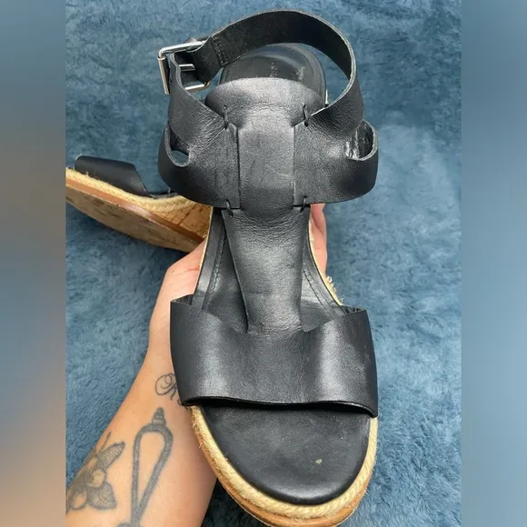 Women’s Sigerson Morrison Valina Black Leather Cork Wedge Sandal Size 10 EUC