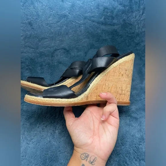 Women’s Sigerson Morrison Valina Black Leather Cork Wedge Sandal Size 10 EUC