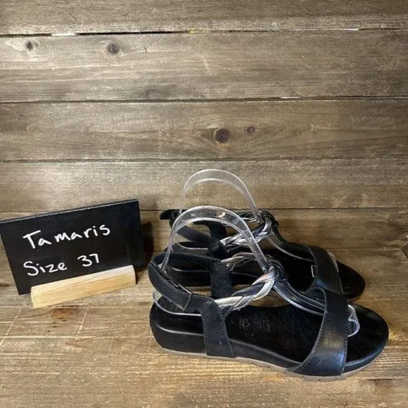 Womens Tamaris Black Leather Comfort Sandals Shoes Size‎ EUR 37 US 6 M GUC