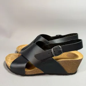 Yokono Black Leather Cork Sole Wedge Sandals 9