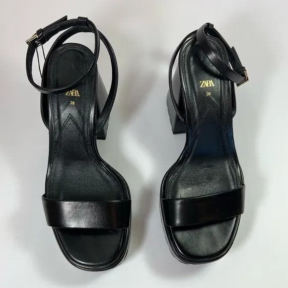 Zara Black Leather Platform Sandals with Wide Heels