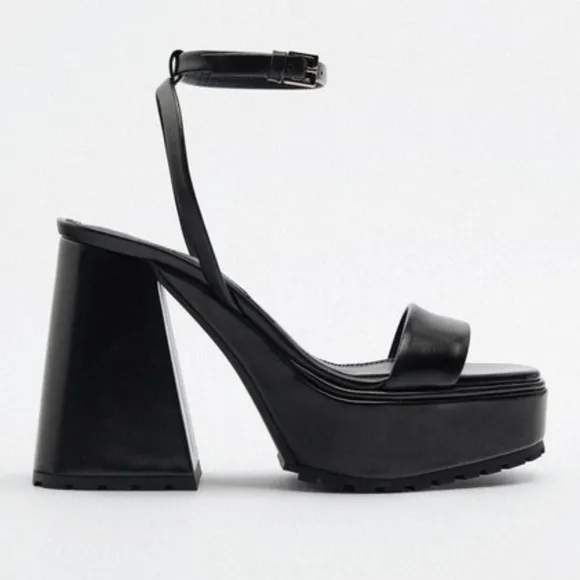 Zara Black Leather Platform Sandals with Wide Heels