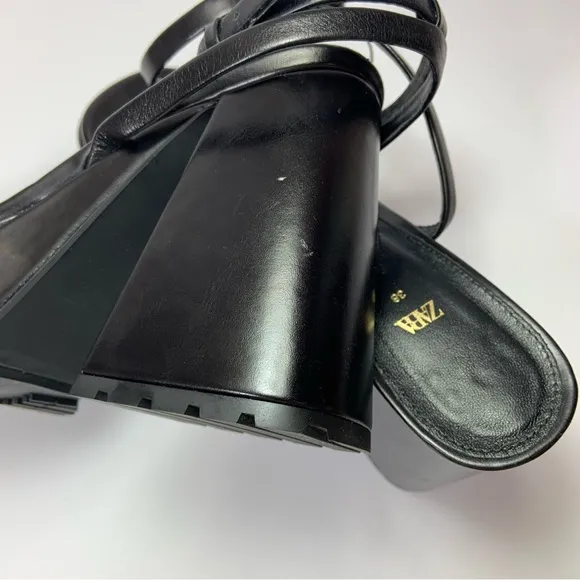 Zara Black Leather Platform Sandals with Wide Heels
