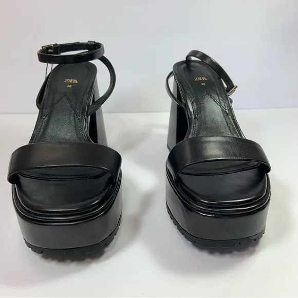 Zara Black Leather Platform Sandals with Wide Heels