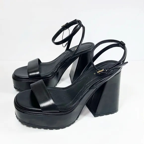 Zara Black Leather Platform Sandals with Wide Heels