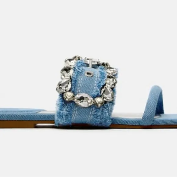 ZARA BUCKLED DENIM FLAT SANDALSDENIM BLUE