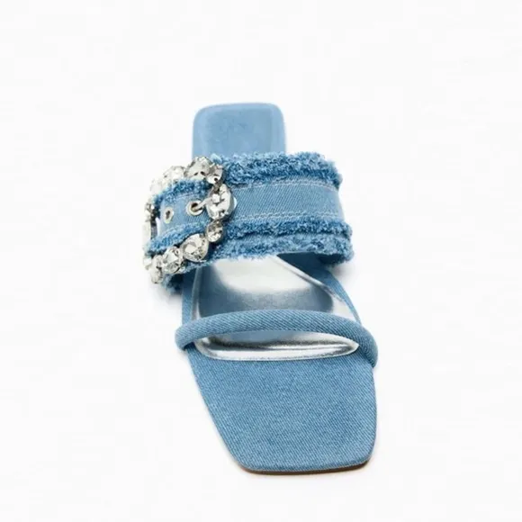ZARA BUCKLED DENIM FLAT SANDALSDENIM BLUE