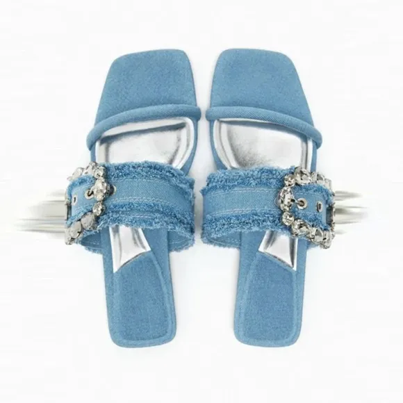 ZARA BUCKLED DENIM FLAT SANDALSDENIM BLUE