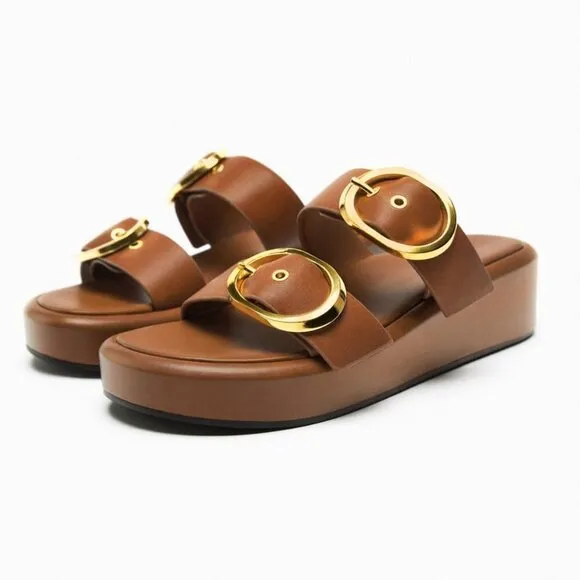 ZARA BUCKLED LEATHER WEDGE SANDALS BROWN SIZE 10  | 1316/110
