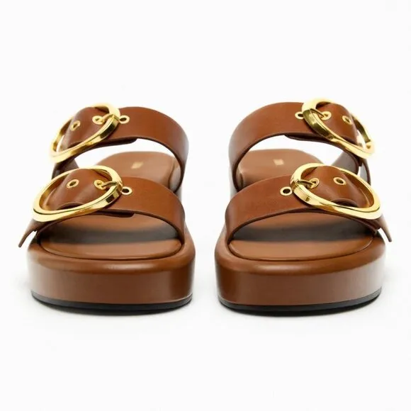 ZARA BUCKLED LEATHER WEDGE SANDALS BROWN SIZE 10  | 1316/110