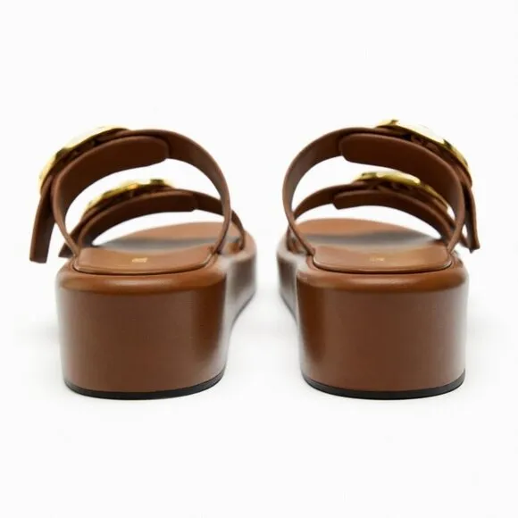ZARA BUCKLED LEATHER WEDGE SANDALS BROWN SIZE 10  | 1316/110