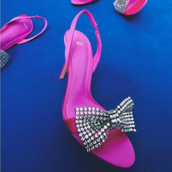 Zara Fuchsia Pink Embellished Bow High Heel Sandals - BLOGGER FAVORITE