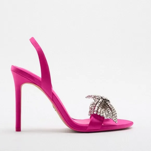 Zara Fuchsia Pink Embellished Bow High Heel Sandals - BLOGGER FAVORITE