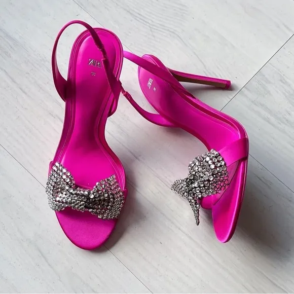 Zara Fuchsia Pink Embellished Bow High Heel Sandals - BLOGGER FAVORITE