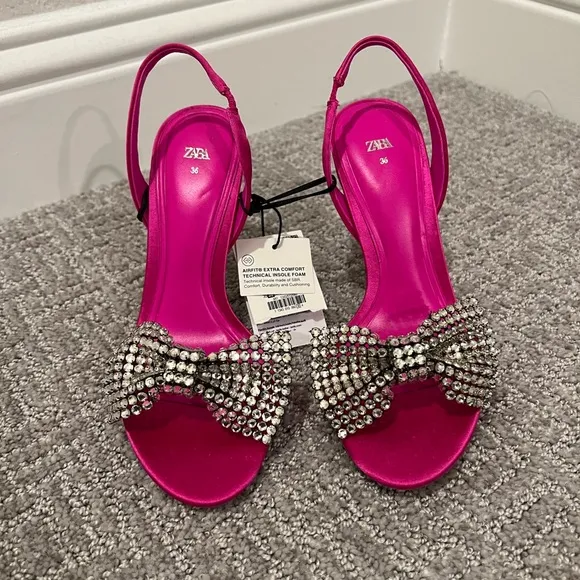 Zara Fuchsia Pink Embellished Bow High Heel Sandals - BLOGGER FAVORITE