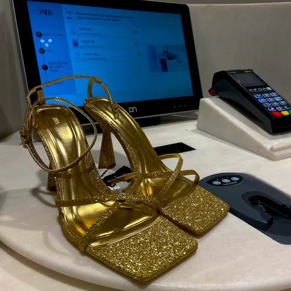 Zara Gold Strappy Glitter Heeled Sandals