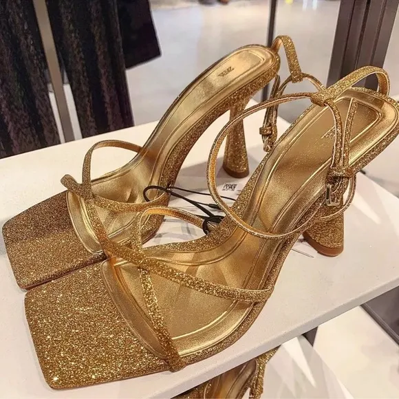 Zara Gold Strappy Glitter Heeled Sandals