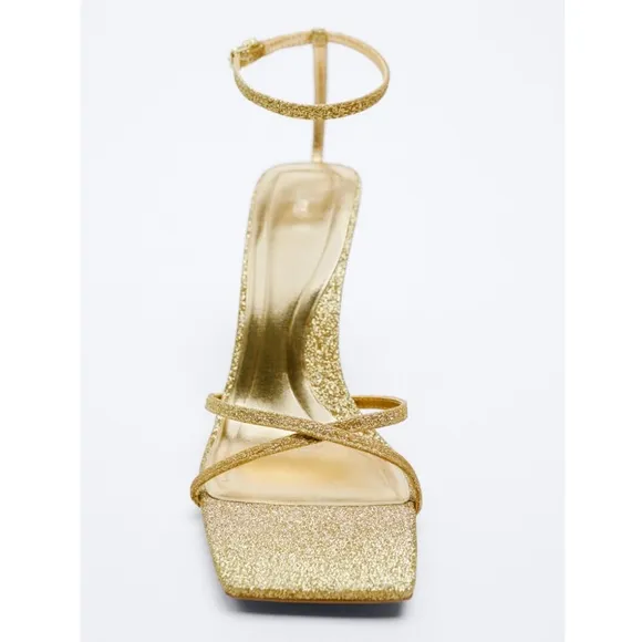 Zara Gold Strappy Glitter Heeled Sandals
