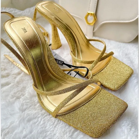 Zara Gold Strappy Glitter Heeled Sandals