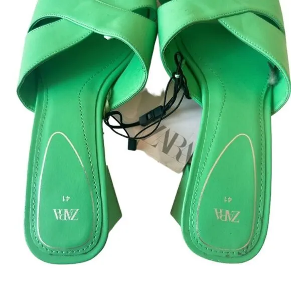 ZARA Green Block Wide Heeled Sandals NWT