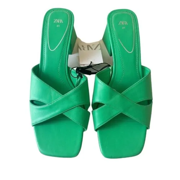 ZARA Green Block Wide Heeled Sandals NWT