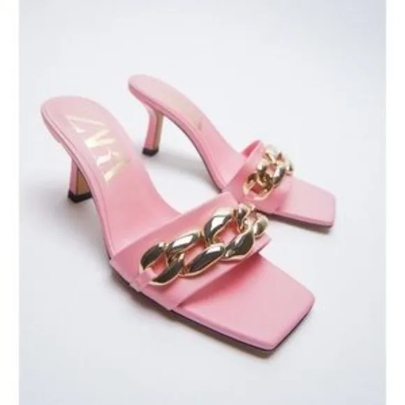 ZARA Heeled Sandals With Chain Detail Gold Pink