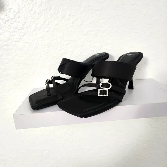 Zara New Heeled Black Mule Sandals With Rhinestone Buckles.  Size US 8