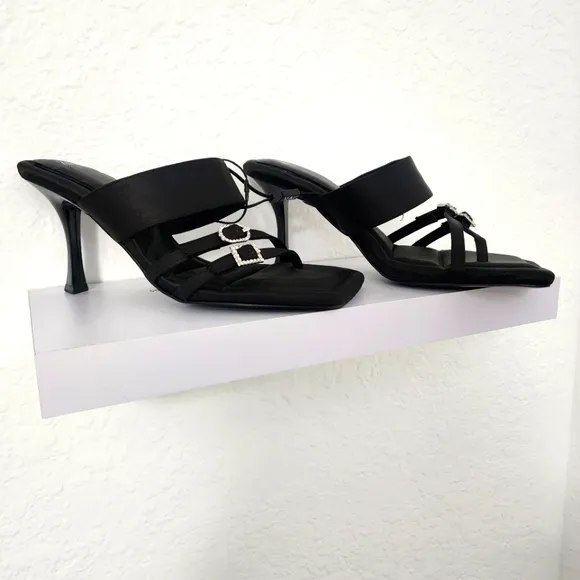 Zara New Heeled Black Mule Sandals With Rhinestone Buckles.  Size US 8