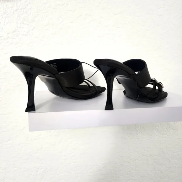 Zara New Heeled Black Mule Sandals With Rhinestone Buckles.  Size US 8
