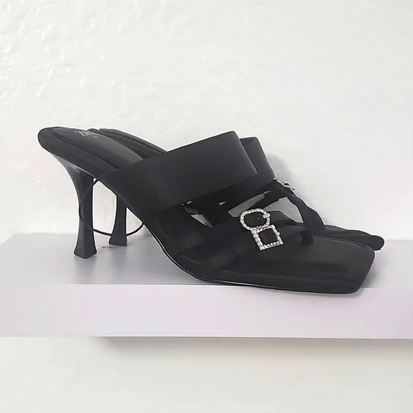 Zara New Heeled Black Mule Sandals With Rhinestone Buckles.  Size US 8