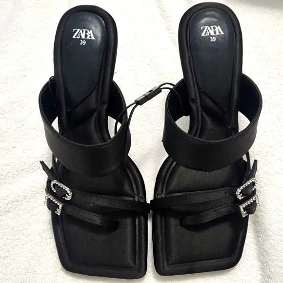 Zara New Heeled Black Mule Sandals With Rhinestone Buckles.  Size US 8