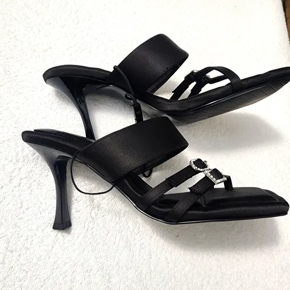 Zara New Heeled Black Mule Sandals With Rhinestone Buckles.  Size US 8
