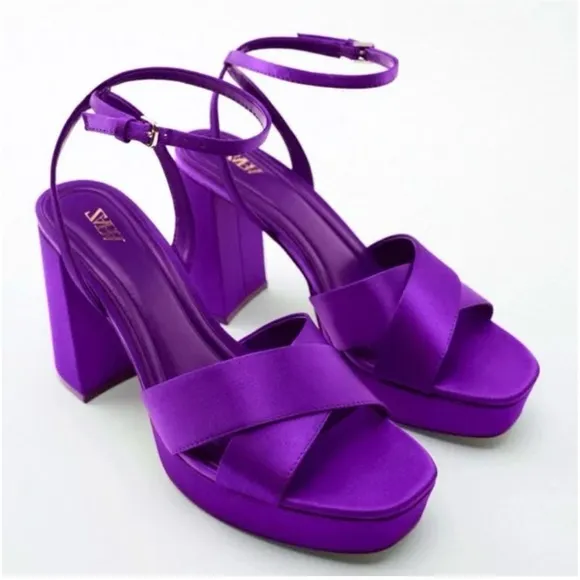 Zara Purple Satin Chunky Heel Platform Sandals