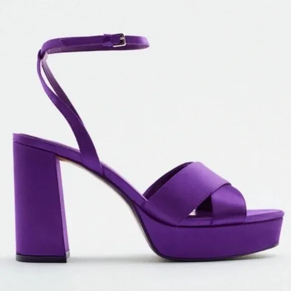 Zara Purple Satin Chunky Heel Platform Sandals
