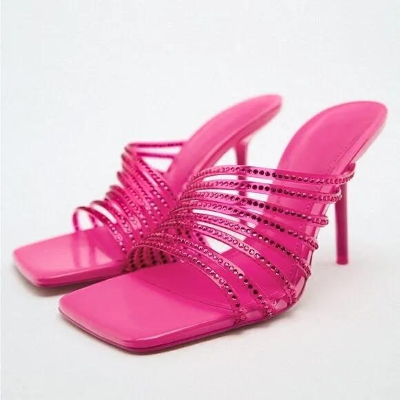ZARA RHINESTONE VINYL HIGH HEEL SANDALS  Barbiecore Barbie Core