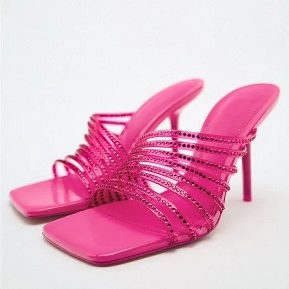 ZARA RHINESTONE VINYL HIGH HEEL SANDALS  Barbiecore Barbie Core