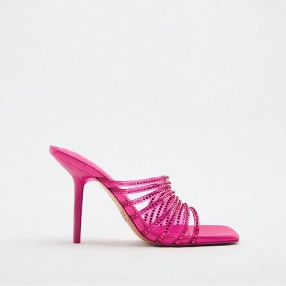 ZARA RHINESTONE VINYL HIGH HEEL SANDALS  Barbiecore Barbie Core